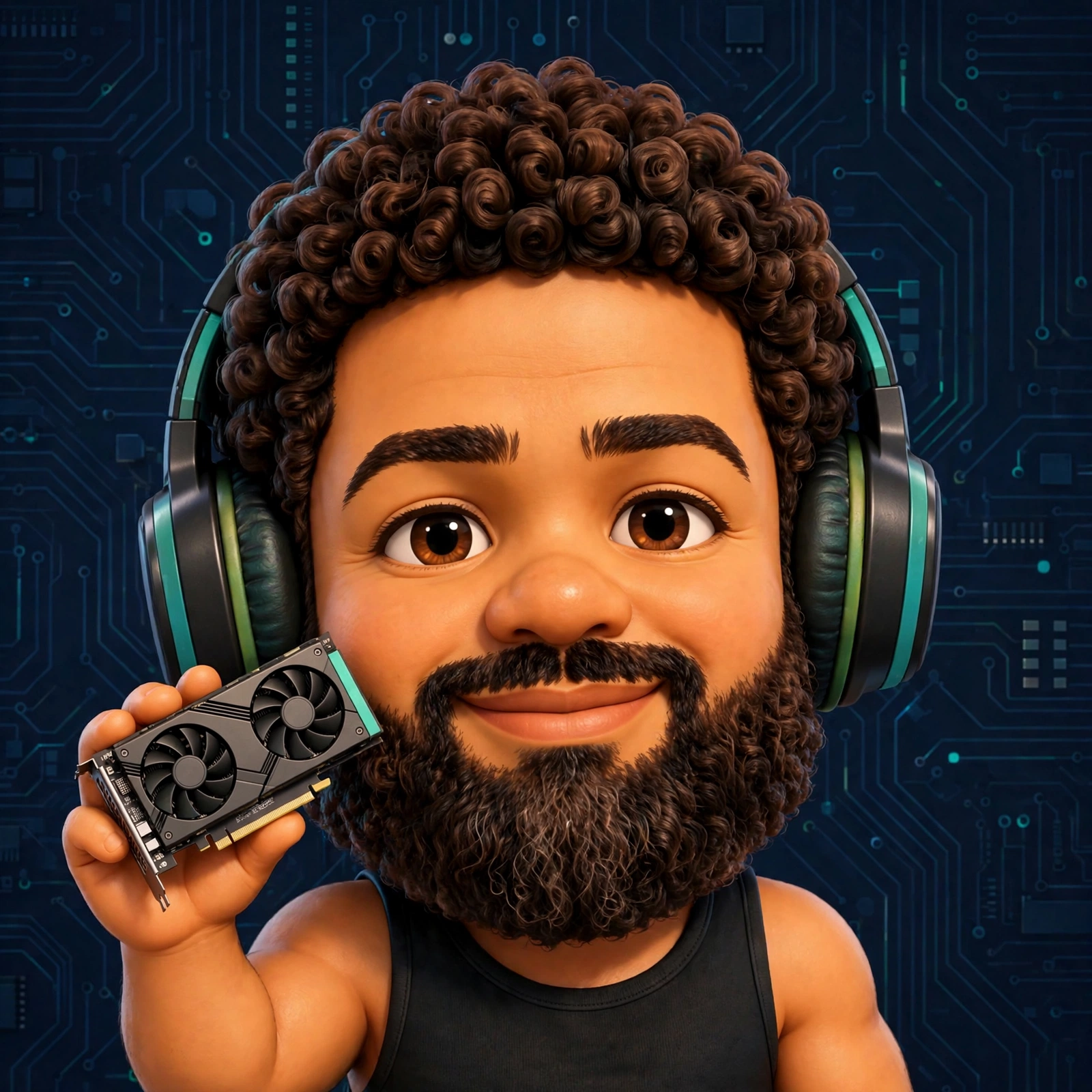 Mortch holding a graphics card, wearing teal headphones
